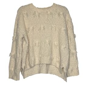 Oceanus Oversized Fringe Knit Sweater Small Oatmeal Distressed Boho